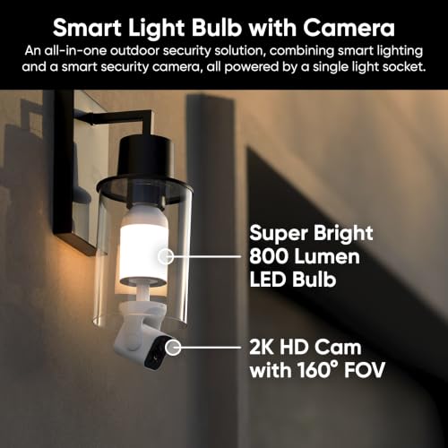 WYZE Bulb Cam - 2K HD Smart Light Bulb Security Camera, E26 Socket | Color Night Vision, 800-Lumen Dimmable LED, 160° Wide View, Motion Detection & Siren, Works with Alexa & Google Assistant