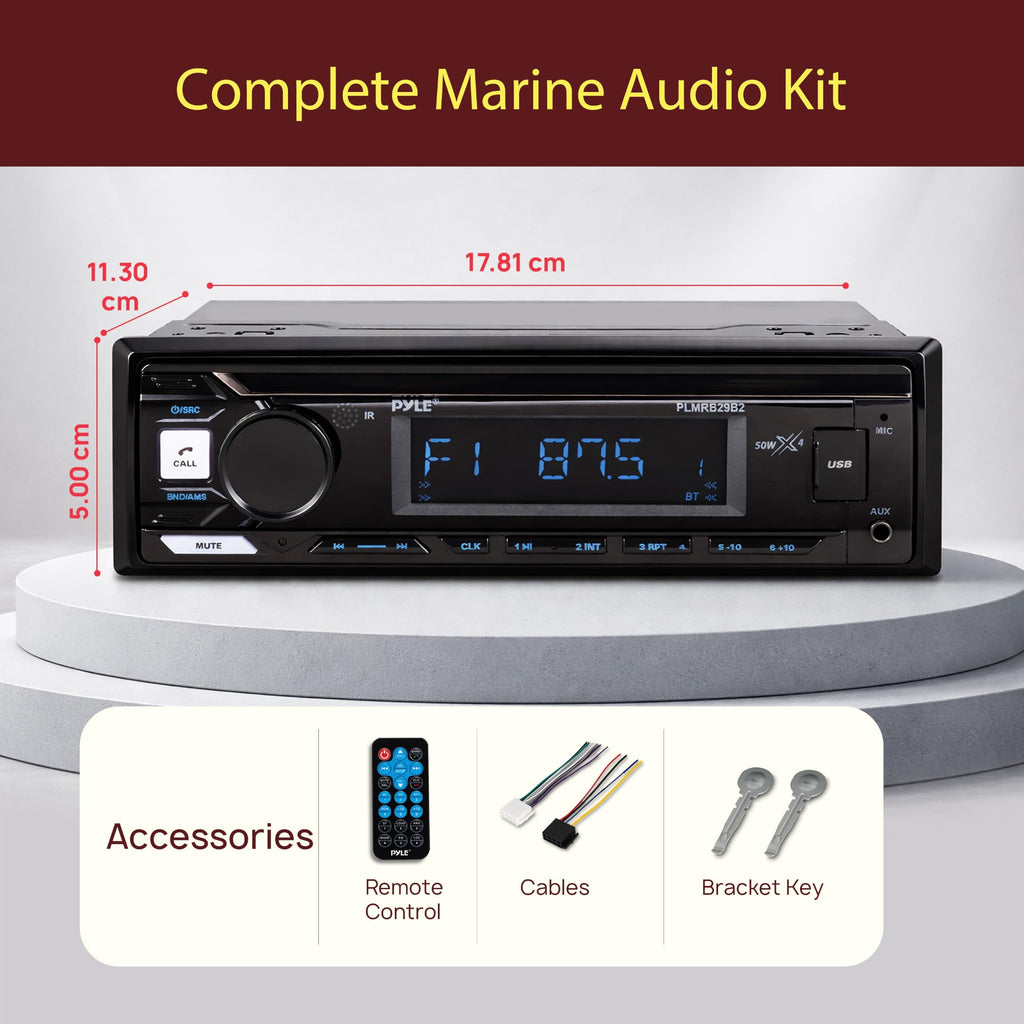 Pyle Marine Radio Stereo Receiver with Bluetooth MP3 Player - Single DIN Boat Audio System, AM/FM Tuner, USB/AUX Input, 30 Preset Stations, Hands-Free Calling, 300W Max Power for Marine and Boat Use