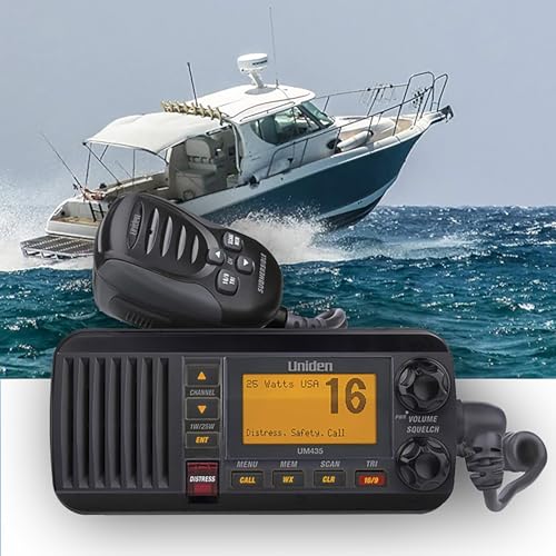 Uniden UM435BK Advanced Fixed Mount VHF Marine Radio, All USA/International/Canadian Marine Channels including new 4-Digit, CDN “B” Channels, 1 Watt/25 Watt Power, Waterproof IPX8 Submersible, Black