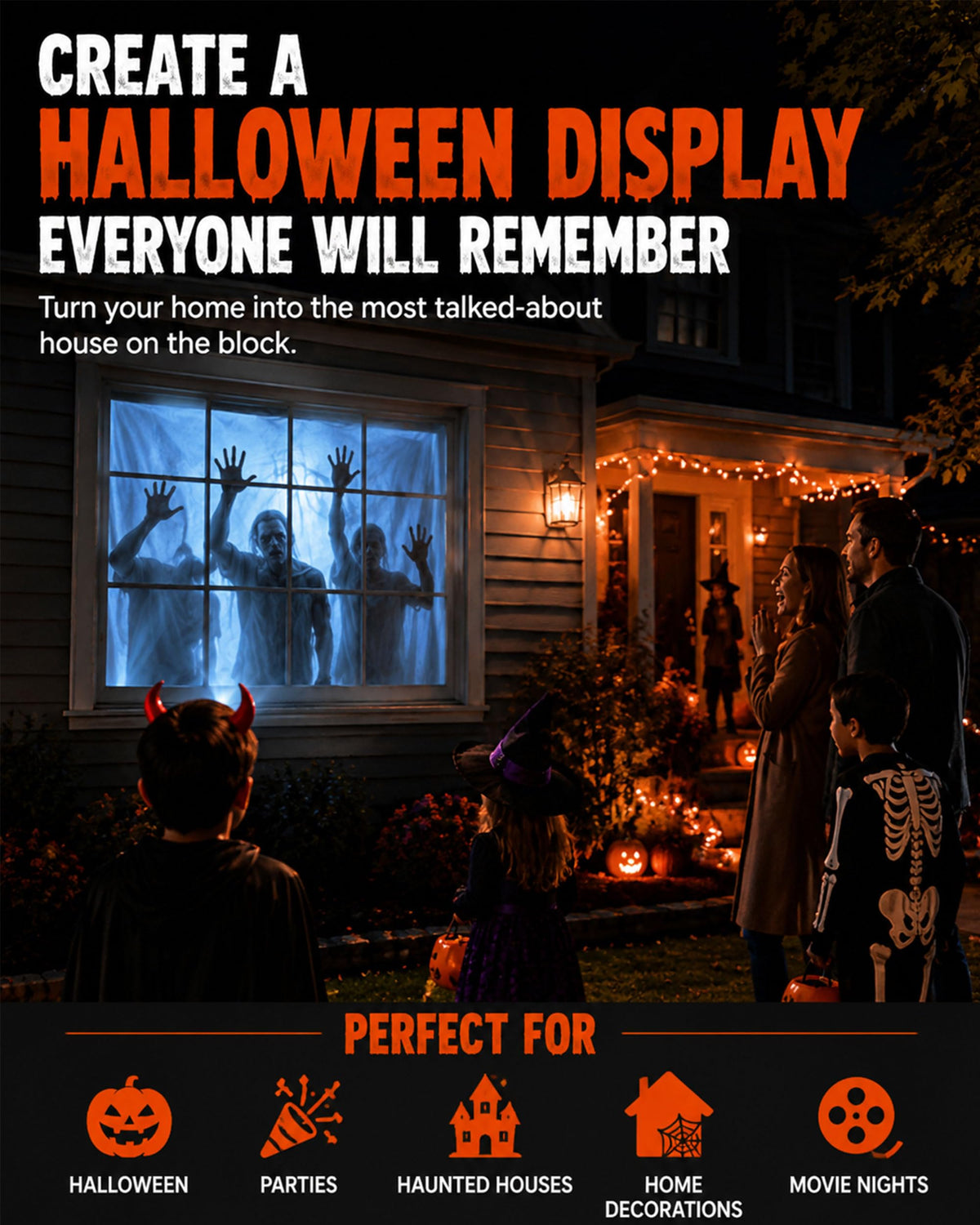 Scary Decorations Halloween Window Projector，black：With Effect fabric | Built-In Horror Videos, Scenes with Easy Setup, Wifi Streaming, Bluetooth Speaker, 210° Rotation & Auto Keystone Correction