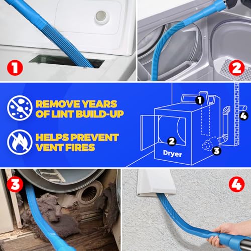 Holikme Dryer Vent Cleaner Kit 2Pack - Lint Vacuum Attachment & Brush | Blue Dryer Vent Vacuum Hose Attachment & Brush Reach Deep Traps - Remove Hidden Lint, Speed Drying & Reduce Fire Risk