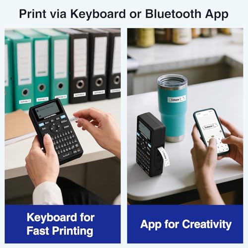 SUPVAN E11 Keyboard & Bluetooth Label Maker Machine with 4 Tapes | Rechargeable, Versatile App with 30+ Fonts and 660+ Icons, Minimal Margin, Inkless, for School, Home, Kitchen, Office