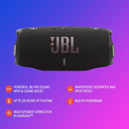 JBL Charge 6 - Portable Waterproof & DropProof Bluetooth Speaker (Black) | Powerful JBL Pro Sound with AI Sound Boost, Up to 28 hours of playtime, Built-In Powerbank, Multi-speaker connection