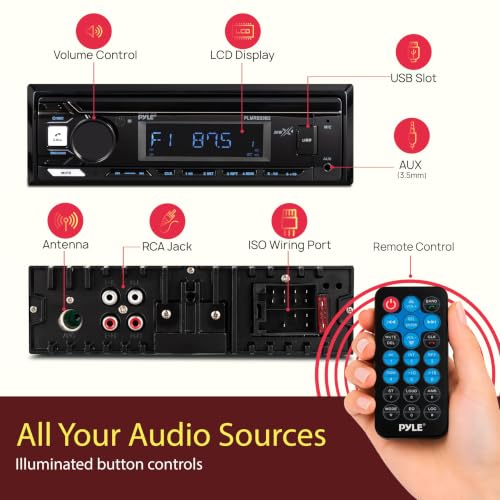 Pyle Marine Radio Stereo Receiver with Bluetooth MP3 Player - Single DIN Boat Audio System, AM/FM Tuner, USB/AUX Input, 30 Preset Stations, Hands-Free Calling, 300W Max Power for Marine and Boat Use