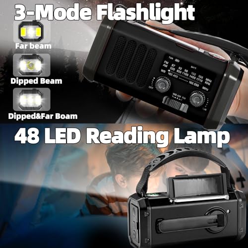 Emergency Weather Radio with NOAA Alert, Portable Solar Hand Crank AM/FM | 10000mAh Rechargeable Battery for Power Outages, 3Way Powered, 3-Mode LED Flashlight & Reading Lamp, SOS, Cell Phone Charger