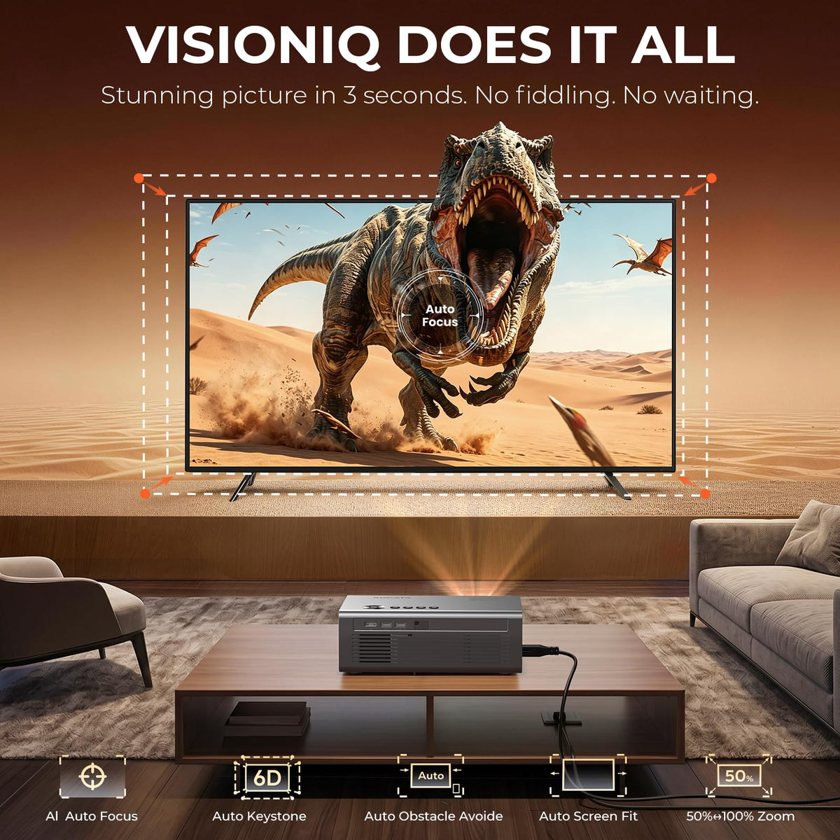 Smart Projector-4K with Wifi Bluetooth, AI Auto Focus Keystone Outdoor Home Theater VIDAA Movie Projector Built-in Apps, 60W Dolby, Airplay, Voice Control, Live TV, Ceiling, Gaming, Camping