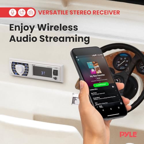 Pyle Marine Radio Receiver Speaker Set 12v Single Din Style Bluetooth Compatible Waterproof Digital Boat In Dash Console System with Mic 4 Speakers, Remote Control, Wiring Harness PLMRKT38W (White)