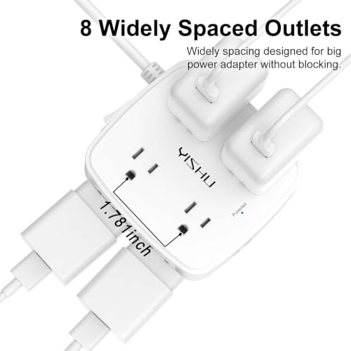 YISHU 6Ft Surge Protector Power Strip with 8 Widely Outlets & 4 USB Ports | 3 Side Outlet Extender with 6 Feet Extension Cord, Flat Plug, for Home, Office, College Dorm Room Essentials