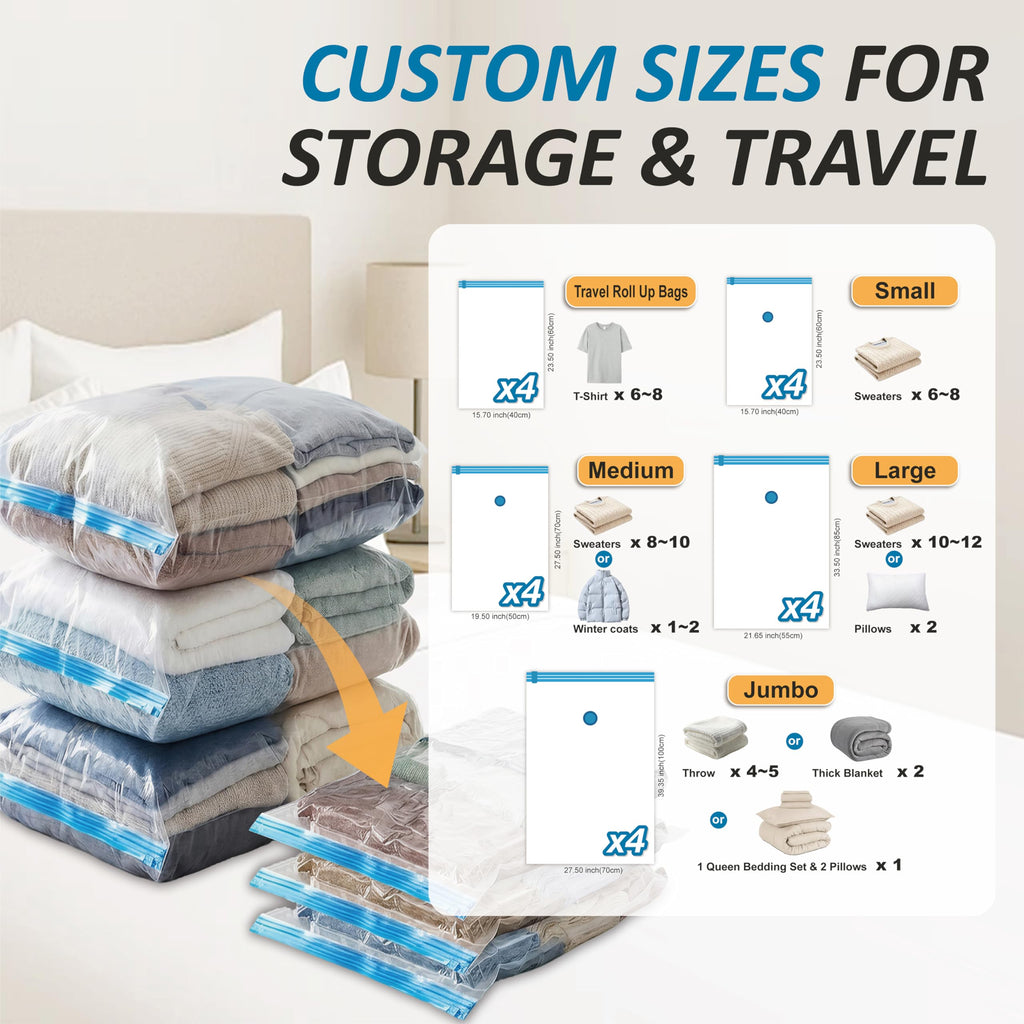 Vacuum Storage Bags with Hand Pump, Vacuum Seal Space Saver Bags,20 Combo | 80% Space-Saving Bags for Clothing, Blankets, Pillows, Bedding & Comforters; Multi-Size Variety Pack for Home & Travel