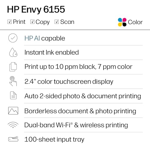 HP Envy 6155 Wireless All-in-One Color Inkjet Printer, Print, Scan, Copy, Duplex Printing Best-for-Home, 3 Month Trial of Instant Ink Included, AI-Capable (C2WR7A) Portobello