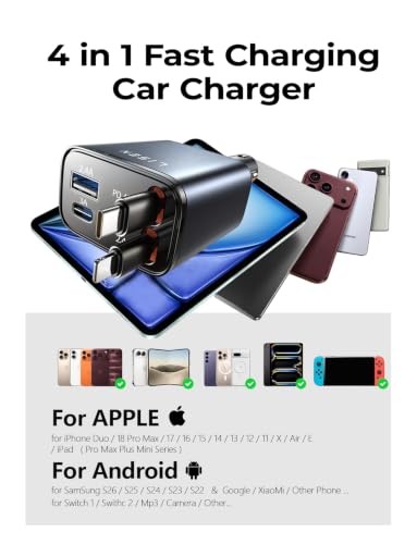 LISEN Retractable Car Charger, 84W Car Charger USB C Fast Charge, 4 in 1 | Cigarette Lighter Adapter, Car Accessories, for Christmas Day Gifts for Men Women Dad Mom, for iPhone 18 Pro Max 17 16 15 14