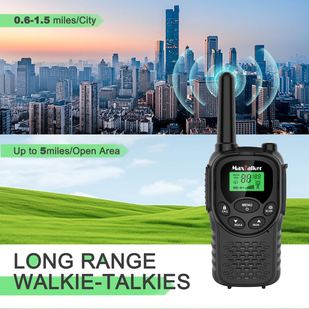 Walkie Talkies Long Range for Adults, Rechargeable FRS Two-Way Radio, 2Pack | NOAA weather alert. 1200mAh Li‑ion battery supports USB‑C charging. LED flashlight and VOX hands‑free function for Outdoors.