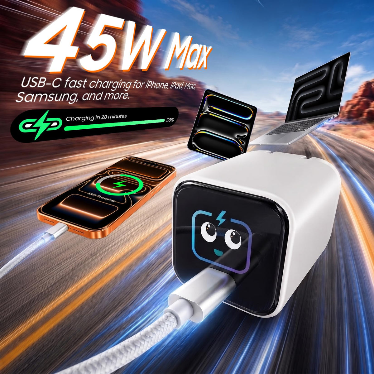 Smart Charging Butler–45W GaN Display Fast Charger with 6.6ft C-to-C Cable | Fast Charging,Active Cooling,90° Foldable Plug,Power Display,Device Recognition,Care Mode,for iPhone 18 Pro Max/17/16,eBook