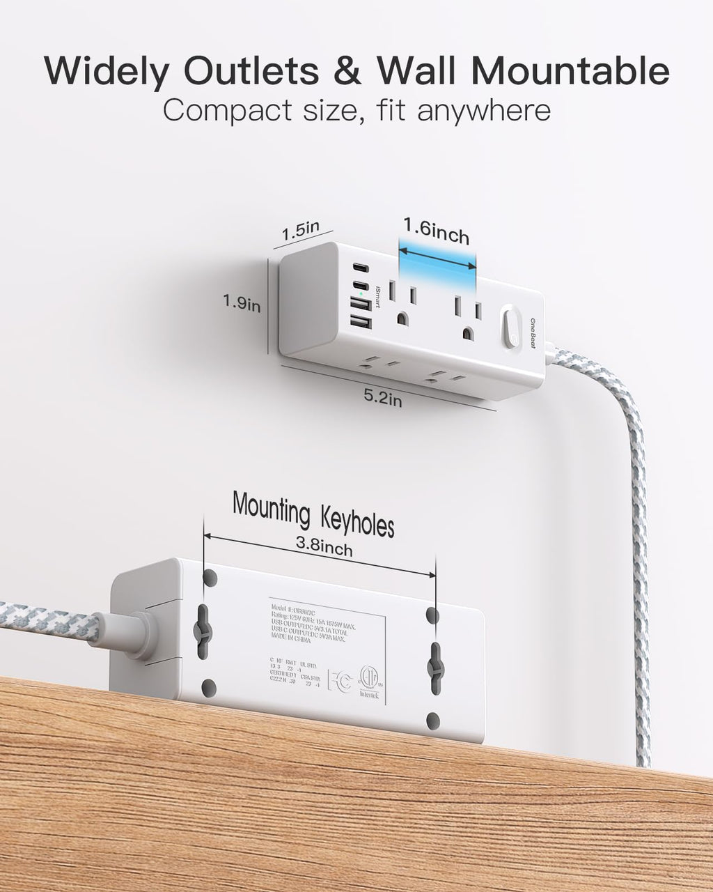 One Beat Surge Protector Power Strip, 5 Ft Flat Plug Extension Cord, 900J | 6 Outlets 4 USB Ports(2 USB C), Wall Mount Outlet Extender Small Power Strip for Travel Home Office College Dorm Room Station