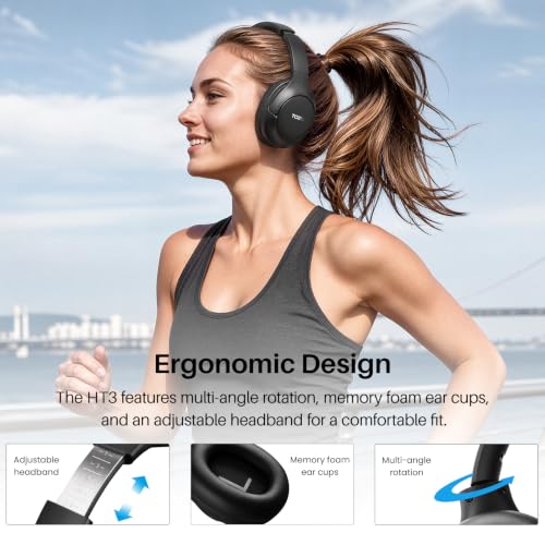 TOZO HT3 Hybrid Noise Cancelling Wireless Headphones, 90H Over Ear Headset | Hi Res Audio, AI Voice Assistant, Dual Device Connection, 32 Custom EQs, Built In 5 Mics, ANC, Foldable, Bluetooth 6.0 Black