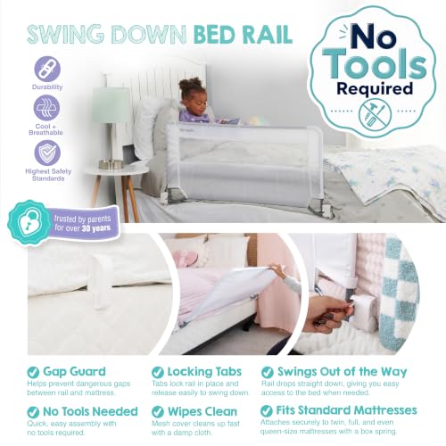 Regalo Swing Down Toddler Bed Rail Guard, NO Tools Required, Bed Rail for Toddlers with Patented Gap Guard, Toddler Bed Rail, Fits Twin, Full & Queen Beds, Bed Safety Rail for Kids Bed, 43” Long