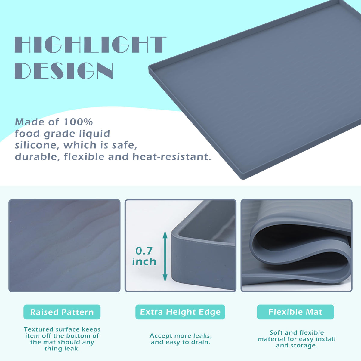 URMONA Waterproof Silicone Under Sink Mat, 31 x 22 in, Flexible Shelf Liner | Dark Grey, Pet Food Mat for Dog Bowls, Cat Litter Mat, Cabinet and Counter Protector for Kitchen and Bathroom, Easy to Clean.