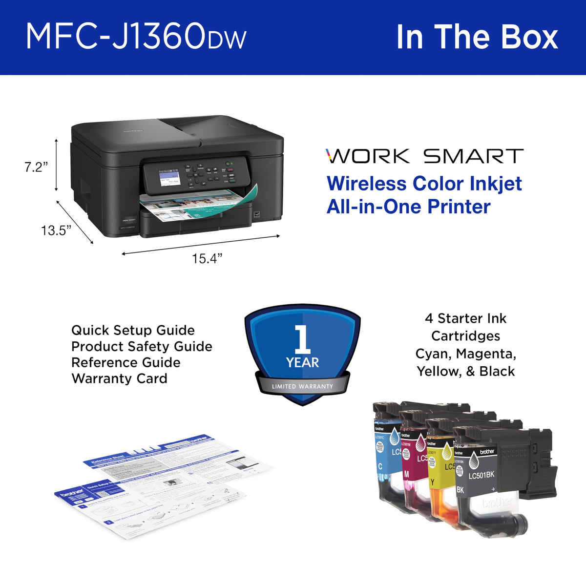 Brother Work Smart 1360 Wireless Color Inkjet All-in-One Print, Scan, Copy | Best-for-home, duplex printing, auto document feeder, mobile printing, 1.8” display, works with Alexa