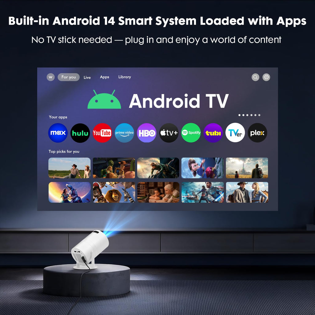 [Built-in Apps] Mini Projector with Wifi and Bluetooth 1080P Supported | Portable Small Projector with Android 14, 180° Rotation/Manual Focus/Auto Keystone, Compatible with HDMI/USB/Smartphone