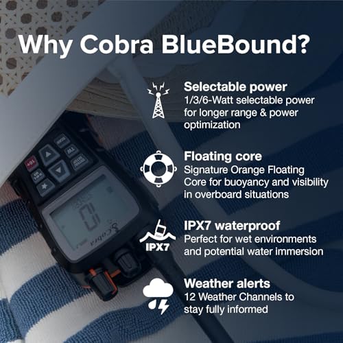 Cobra BlueBound 350 VHF Handheld Marine Radio, Black – 6-Watt, Floats | Long Range, NOAA Weather Alerts, International Functionality, IPX7 Waterproof, USB-C, Submersible, LCD Screen, Belt Clip