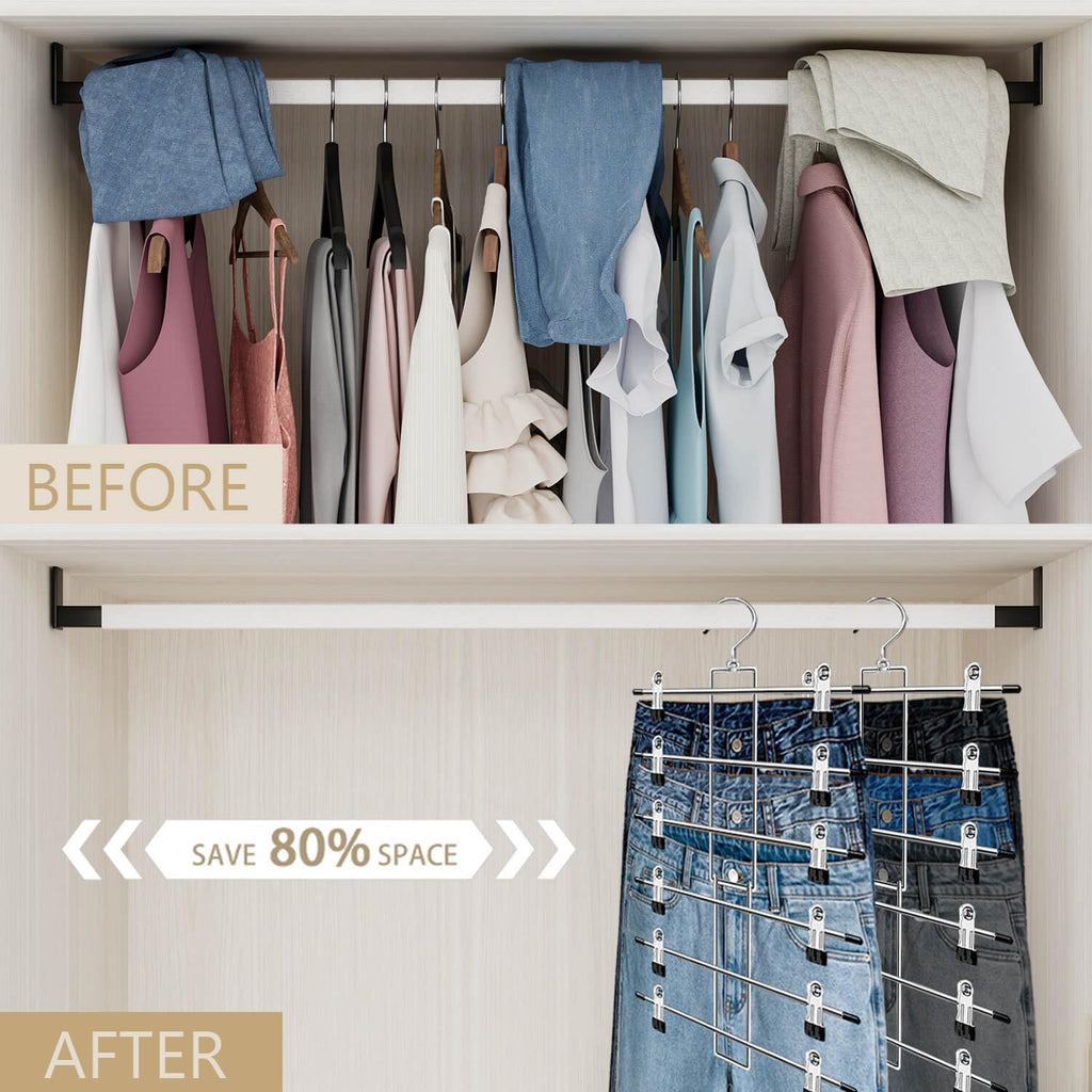 Pants Hangers with Clips,Space Saving Hanging Closet Organizer-6 Tiers Skirt Hangers with 360° Swivel Hook,Closet Organizer-Clothes Hangers- College Dorm Essentials Apartment Essentials-2 Pack