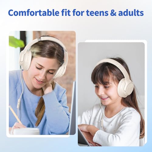 Wired Headphones with Microphone for School, 3.5mm Corded Headphones, Beige | Wired Over Ear Foldable Plug in Headphones, 4.9ft Tangle-Free Nylon Cord for School, Tablet, Laptop, MP3/4, Airplane Travel