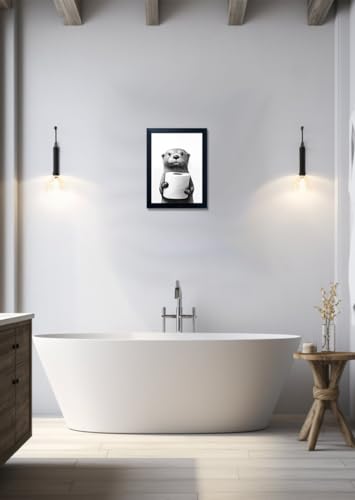 Bathroom Picture Wall Decor, Framed Black and White Bathroom Wall Art, Toilet Paper in Little Funny Raccoon's Hand Animal Canvas Print Painting