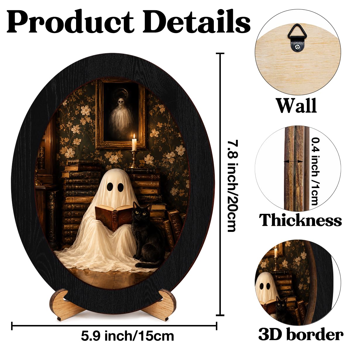 Framed Vintage Halloween Ghost Oval Wall Art, Ghost Reading Book Halloween Wall Decor, Ghosts Canvas Art Prints for Home Living Room Bedroom Office Entryway Gothic Decor