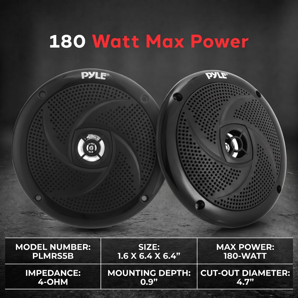 Pyle Waterproof Marine Speakers - Pair of 5.25" 180 Watt Low Profile Slim Style System - Weather Resistant Outdoor Rated Speakers for Boat, Patio, Poolside, Deck, Home (Black)