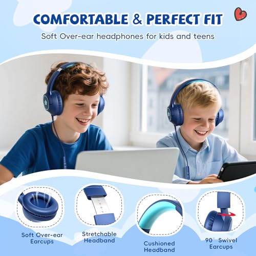 Kids Headphones Wired for School, 3.5mm Safe Volume Limited with Mic, Navy | Plug in Kid headphones with Cord, Over Ear Foldable, 85/94dB for Toddler Boy Girl Classroom Chromebook Tablet Airplane Travel