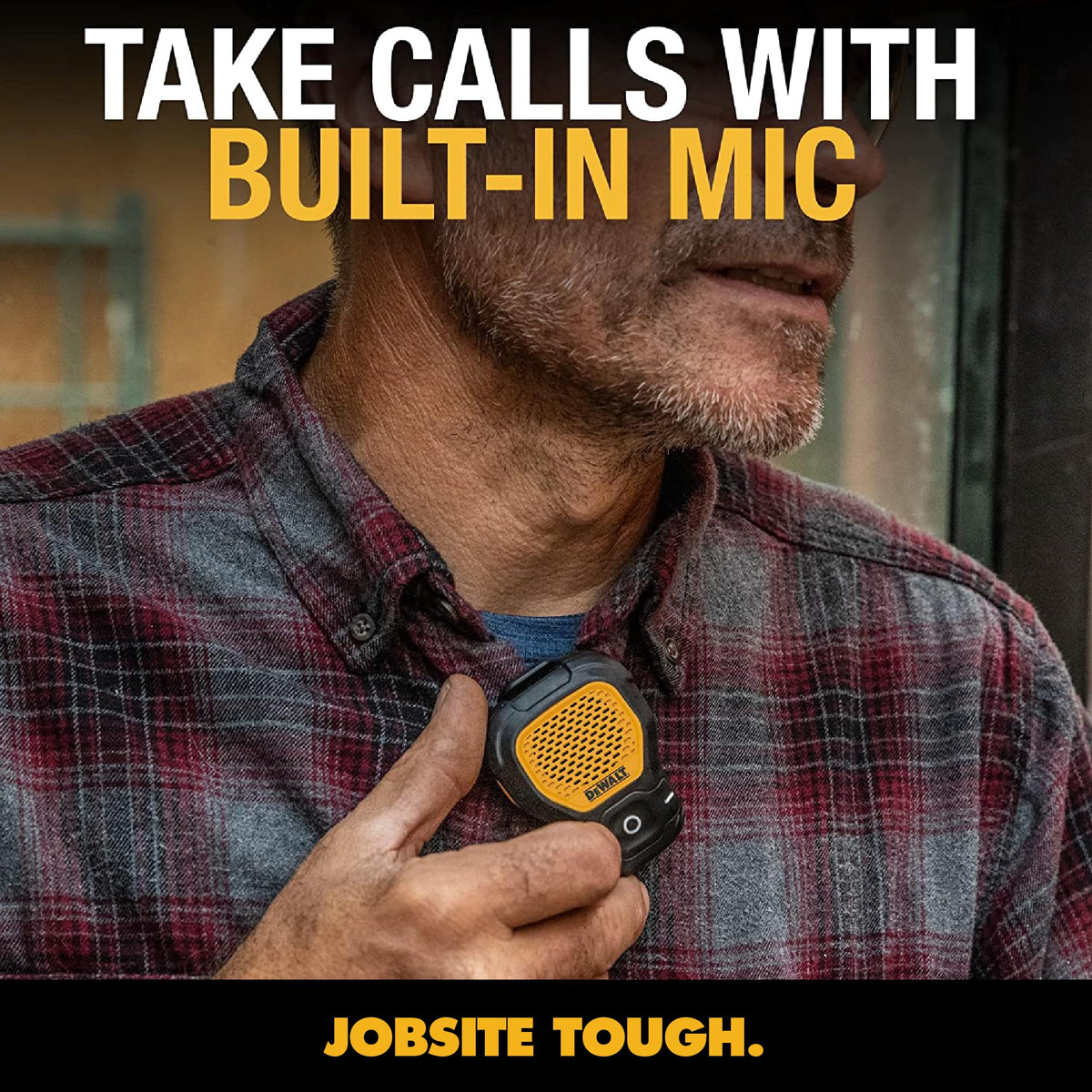 DEWALT Mini Wearable Bluetooth Speaker, Clip-On Jobsite Pro (Yellow) | Water-Resistant Portable Wireless Speaker (Non-Magnetic), Built-in Mic for Hands-Free Music/Calls, Bluetooth Speaker