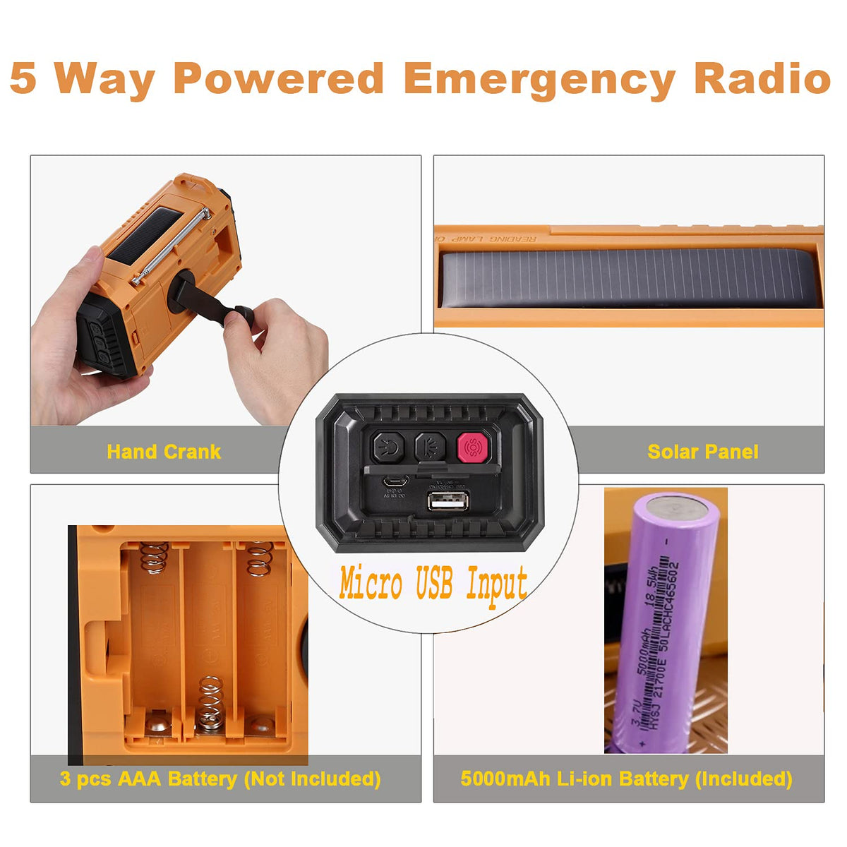 NOAA Weather Radio FM AM Shortwave, Emergency Radio 5000mAh Solar Crank | 5 Way Powered Portable Phone Charger with LED Flashlight, Reading Lamp, and SOS Alarm for Survival Kits