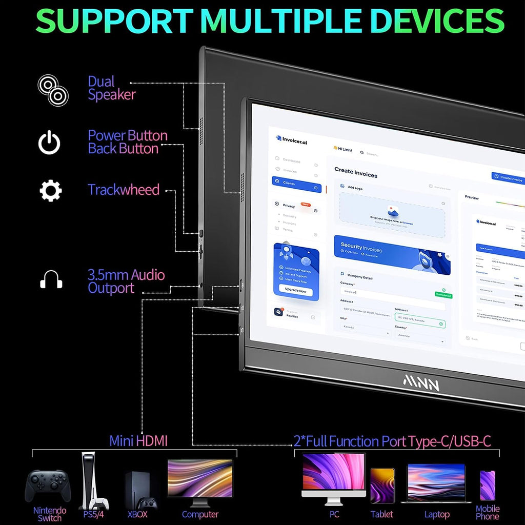 MNN 15.6" FHD 60Hz Portable Monitor USB-C HDMI IPS HDR Gaming Laptop | 15.6" FHD IPS HDR, USB-C one-cable, PC/Mac/Phone/Switch, Smart Case,Laptop , low blue, work&game