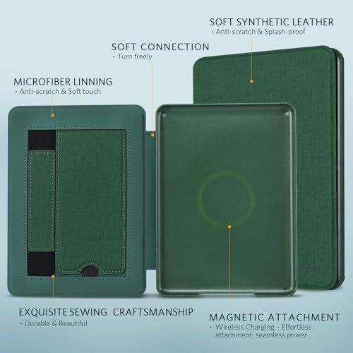 CoBak Stand Case for 7" Kindle Paperwhite & Kindle Colorsoft 12th Gen 2024 | Lightweight Stand with Right Hand Strap, Compatible with iPhone MagSafe and Other Wireless Charging Pads, Dark Green