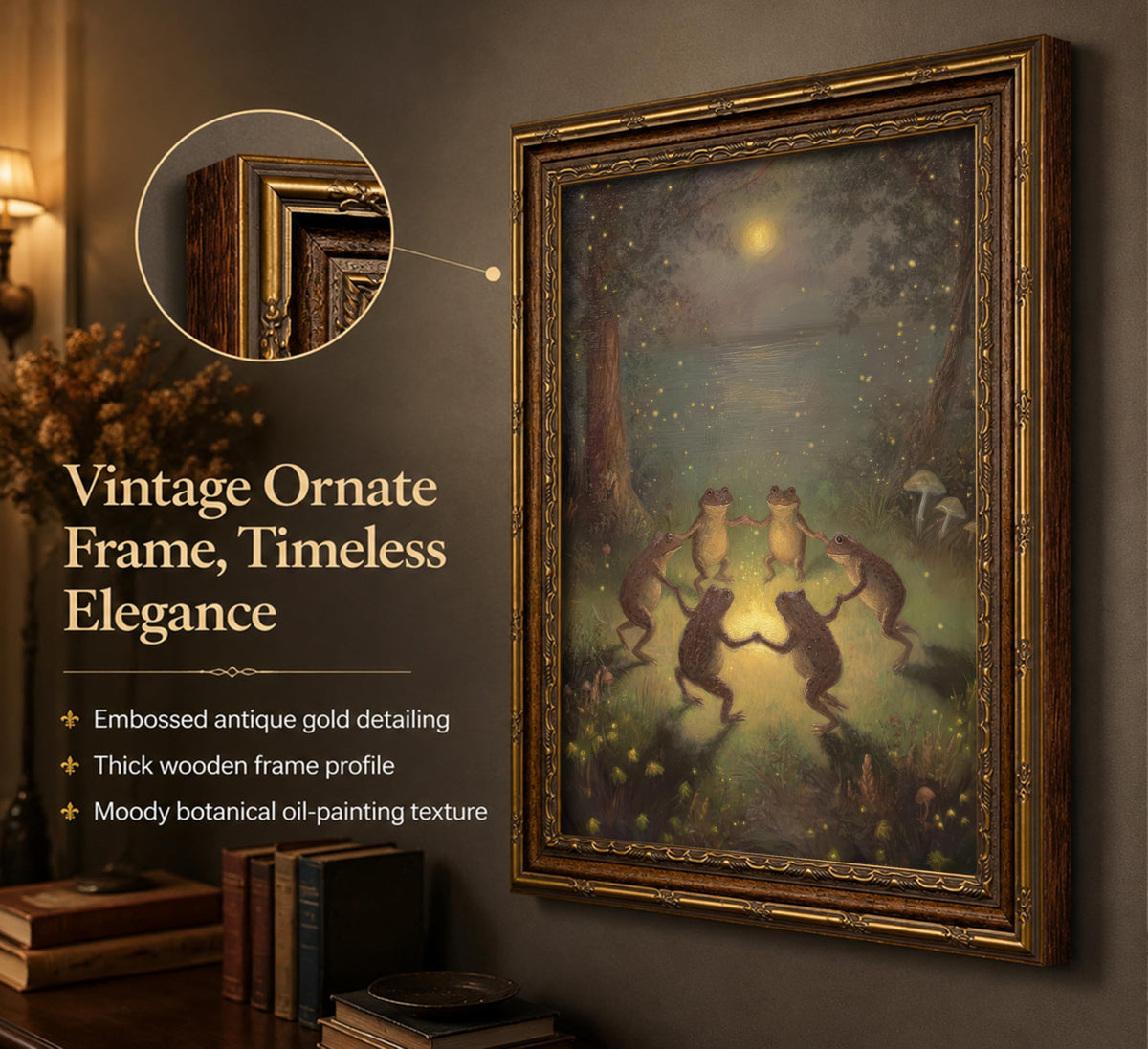 Vintage Gold Framed Frog Wall Art,Frogs Dancing in Moonlight Forest Painting Canvas Prints,Whimsical Animal Wall Decor,Retro Country Toad Poster Artwork for Corridor Living room Bedroom Kitchen