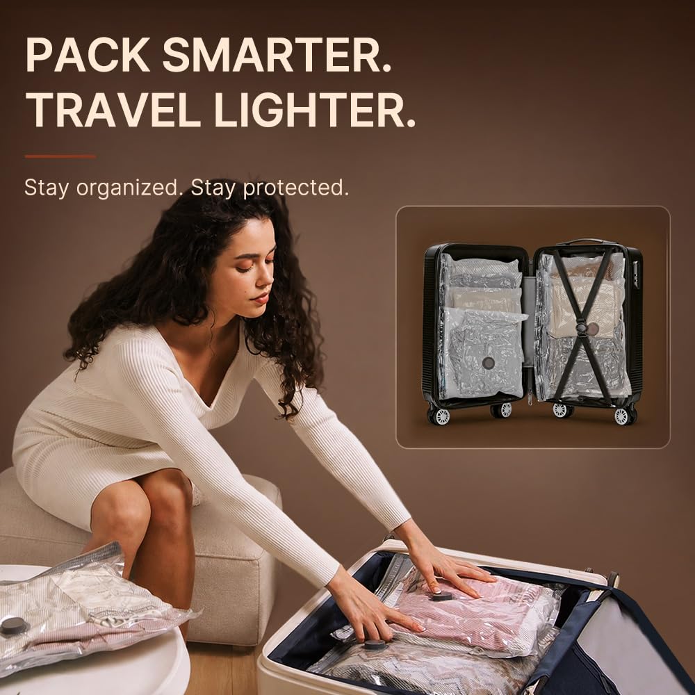 Vacbird Travel Vacuum Bags with Rechargeable Pump, Carry-On Space Saver | See Contents Easily with Transparent Bags, 1500mAh Pump Compresses 90+ Bags, Carry-On Size for Easy Travel Packing
