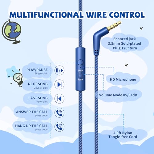 Kids Headphones Wired for School, 3.5mm Safe Volume Limited with Mic, Navy | Plug in Kid headphones with Cord, Over Ear Foldable, 85/94dB for Toddler Boy Girl Classroom Chromebook Tablet Airplane Travel