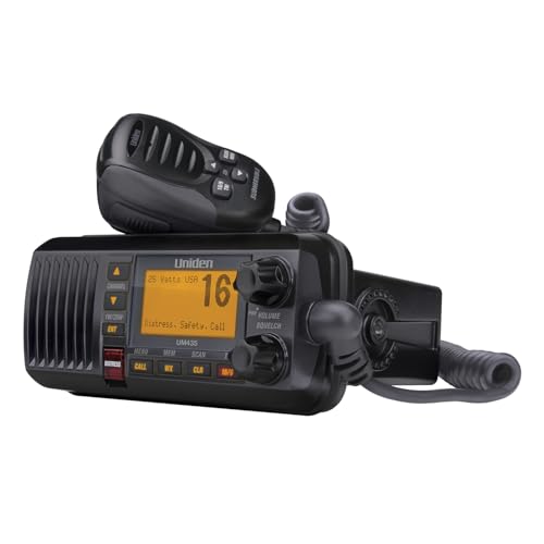 Uniden UM435BK Advanced Fixed Mount VHF Marine Radio, All USA/International/Canadian Marine Channels including new 4-Digit, CDN “B” Channels, 1 Watt/25 Watt Power, Waterproof IPX8 Submersible, Black