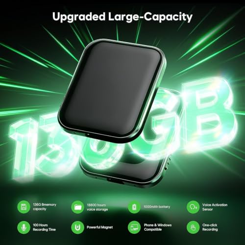136GB (18800 Hour) Double-Sided Magnetic Voice Activated Recorder, Audio Recorder AI Smart Noise Reduction, MP3 & USB-C Digital Voice Recorder, 100H Continuous Recording Device for Meetings/Interviews