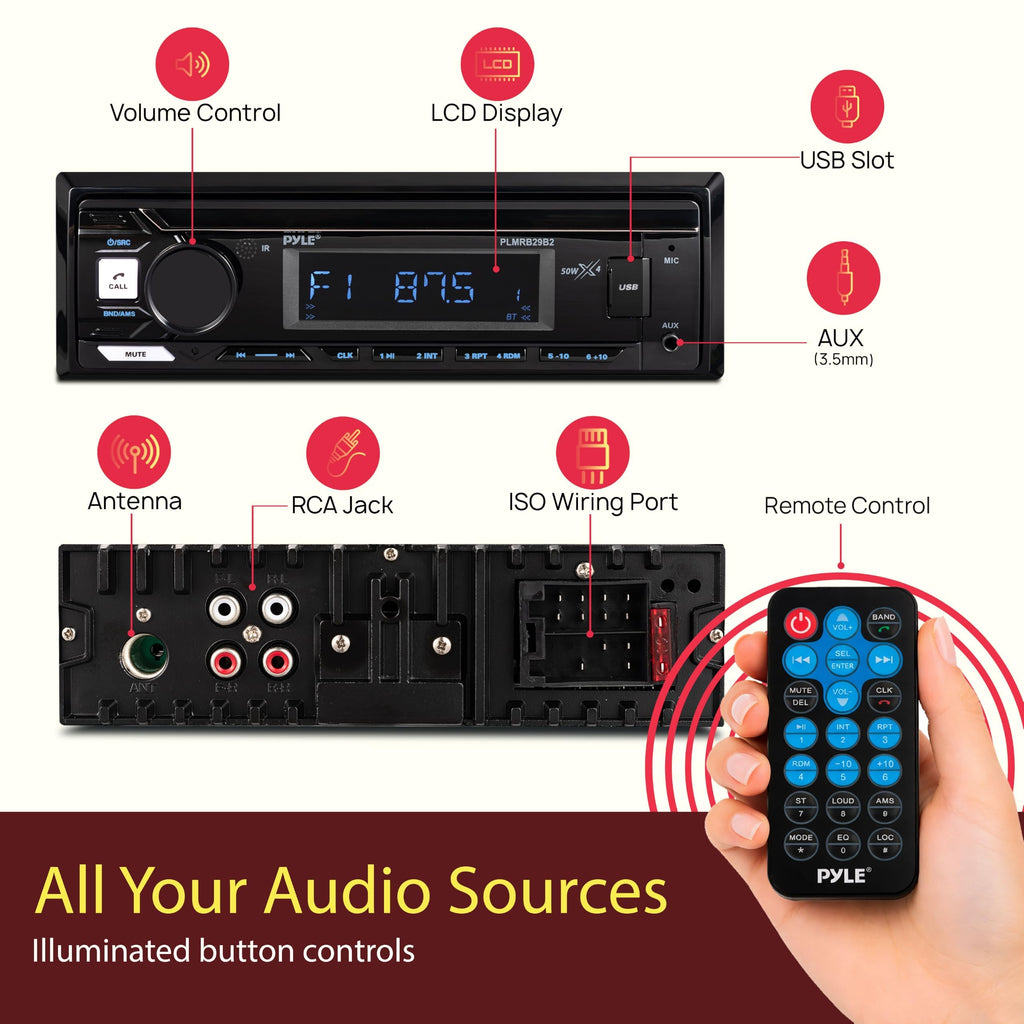 Pyle Marine Radio Stereo Receiver with Bluetooth MP3 Player - Single DIN Boat Audio System, AM/FM Tuner, USB/AUX Input, 30 Preset Stations, Hands-Free Calling, 300W Max Power for Marine and Boat Use