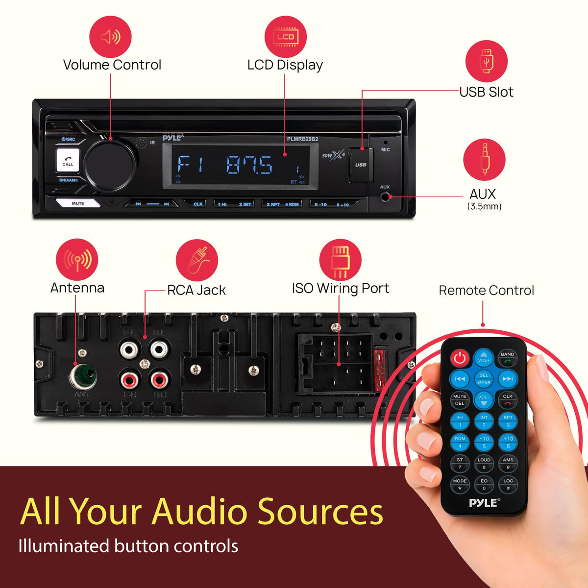 Pyle Marine Radio Stereo Receiver with Bluetooth MP3 Player - Single DIN Boat Audio System, AM/FM Tuner, USB/AUX Input, 30 Preset Stations, Hands-Free Calling, 300W Max Power for Marine and Boat Use