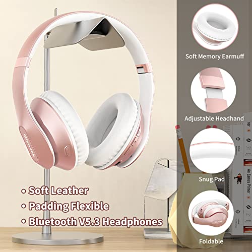 Glynzak Wireless Bluetooth Headphones Over Ear V6.0 HiFi Stereo with Mic | 65H Playtime 6EQ Modes Foldable Bluetooth Headset with Microphone for Travel Smartphone Computer Laptop Rose Gold