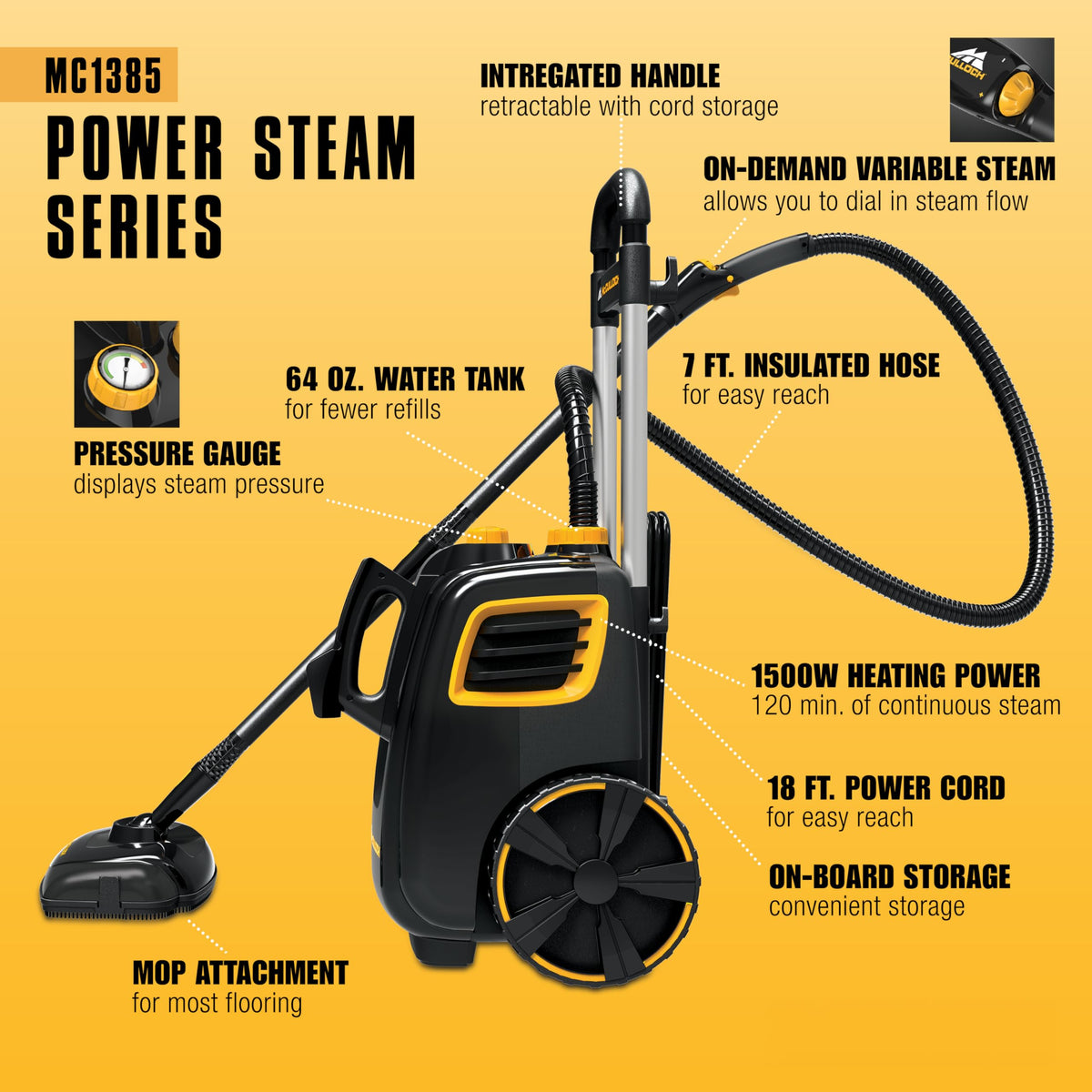 McCulloch MC1385 Canister Steam Cleaner, For Grout and Tile, 23 Accessories | Mop Head, Brushes & More - Built for Home, Tile, Carpet, Furniture, & Personal Car Detailing