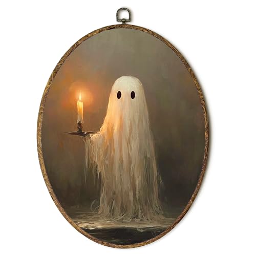 Yorhifa Halloween Ghost Framed Wall Art, Dark Academia Ghost Holding Candle Oval Wall Art, Spooky Halloween Oval Walls Decor, Vintage Gothic Canvas Artwork Hanging Decor, 8.5x11.5in