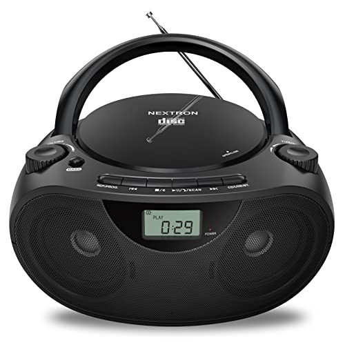 Nextron Portable CD Player Boombox with Bluetooth, AM/FM Radio & USB | CD-R/RW, MP3-CD & USB Playback, Stereo Sound, Bass Boost, AUX Input, Headphone Jack, LCD Display, AC/Battery Powered - Black
