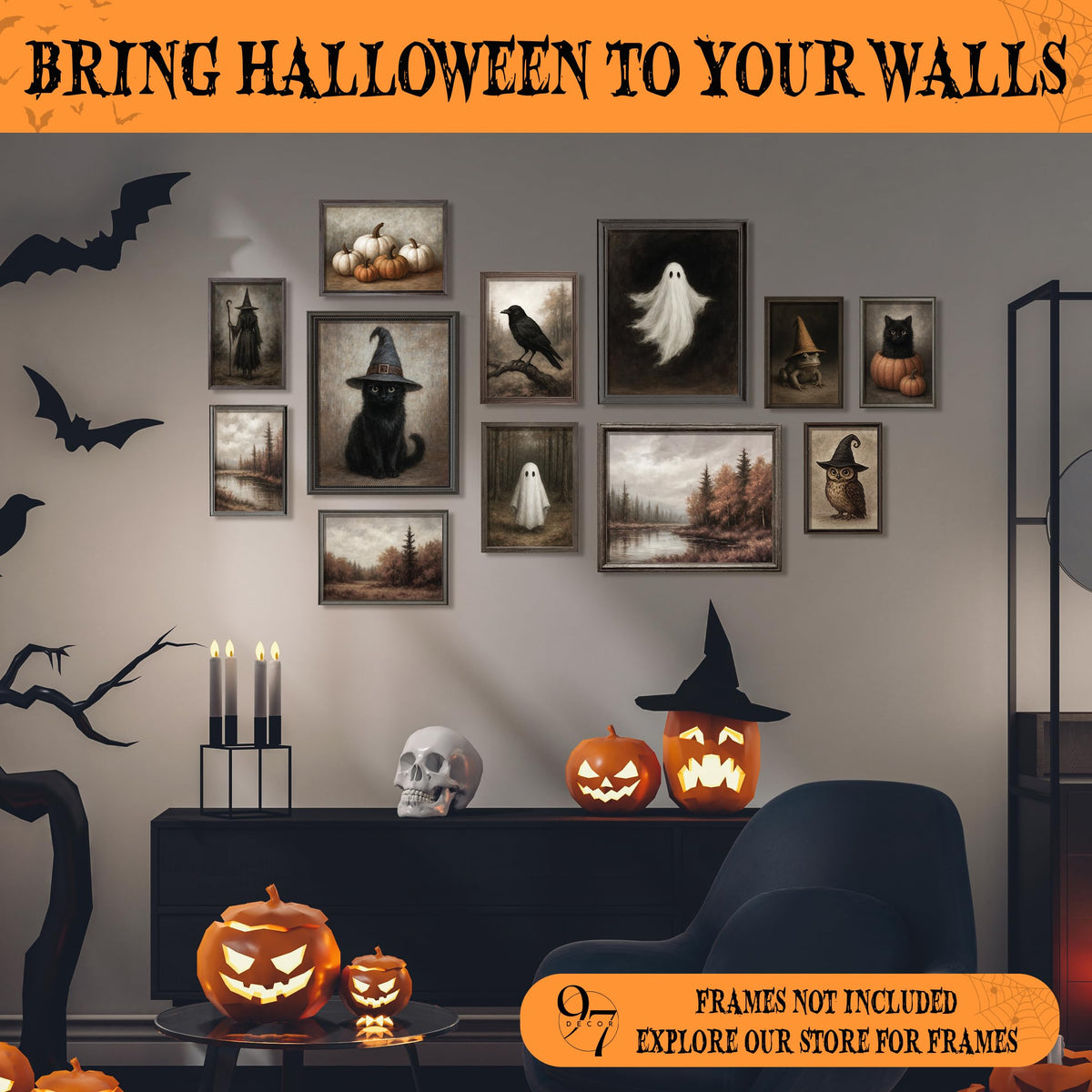 97 Decor Vintage Halloween Wall Art, Ghost and Witchy Posters, Unframed | Prints 8x10, 5x7 and 4x6, gothic ghost and black cat art, indoor fall seasonal decor, bedroom
