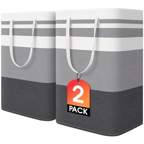HomeHacks 2 Pack Large Laundry Baskets, Laundry Hampers Bags (Grey 75Lx2) | Waterproof, Freestanding, Collapsible Clothes Hamper with Reinforced Handles in Laundry Room, Dorm, Bathroom, Bedroom