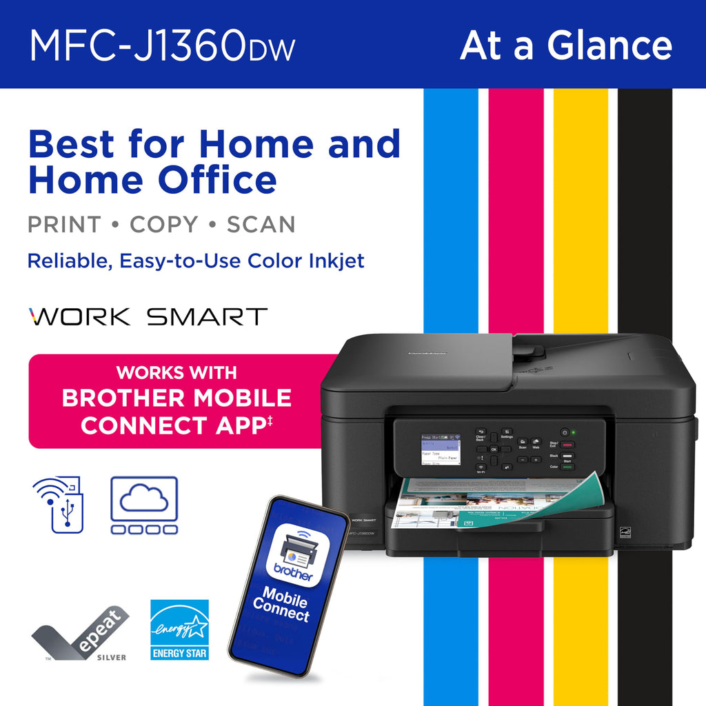 Brother Work Smart 1360 Wireless Color Inkjet All-in-One Print, Scan, Copy | Best-for-home, duplex printing, auto document feeder, mobile printing, 1.8” display, works with Alexa