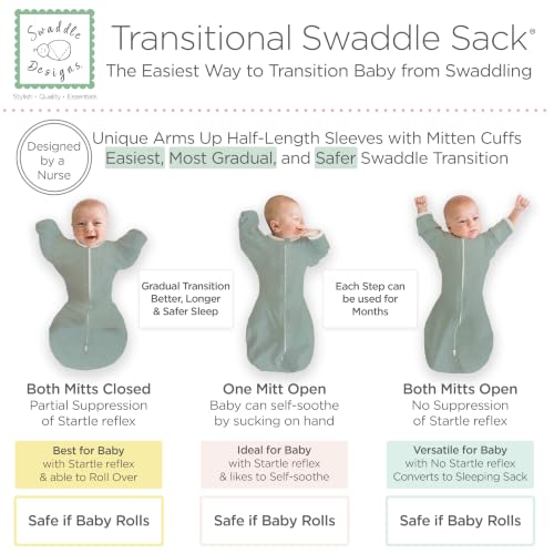 SwaddleDesigns Transitional Swaddle Sack, Cotton, Heathered Jadeite, 0-3mo | Arms Up Half-length Sleeve Partially Suppress Moro reflex, Most Gradual Transition Swaddle for Newborn, Safe for Rolling Baby