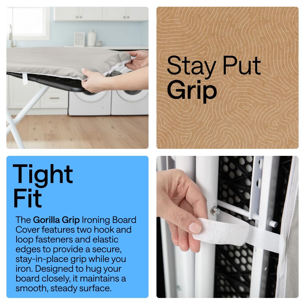 GORILLA GRIP Padded Ironing Board Cover, 15x54 Silver | Silicone Coating, 400°F Scorch and Stain Resistant, Fits Over Standard Size Board, Heavy Duty Hook and Loop Fastener Strap